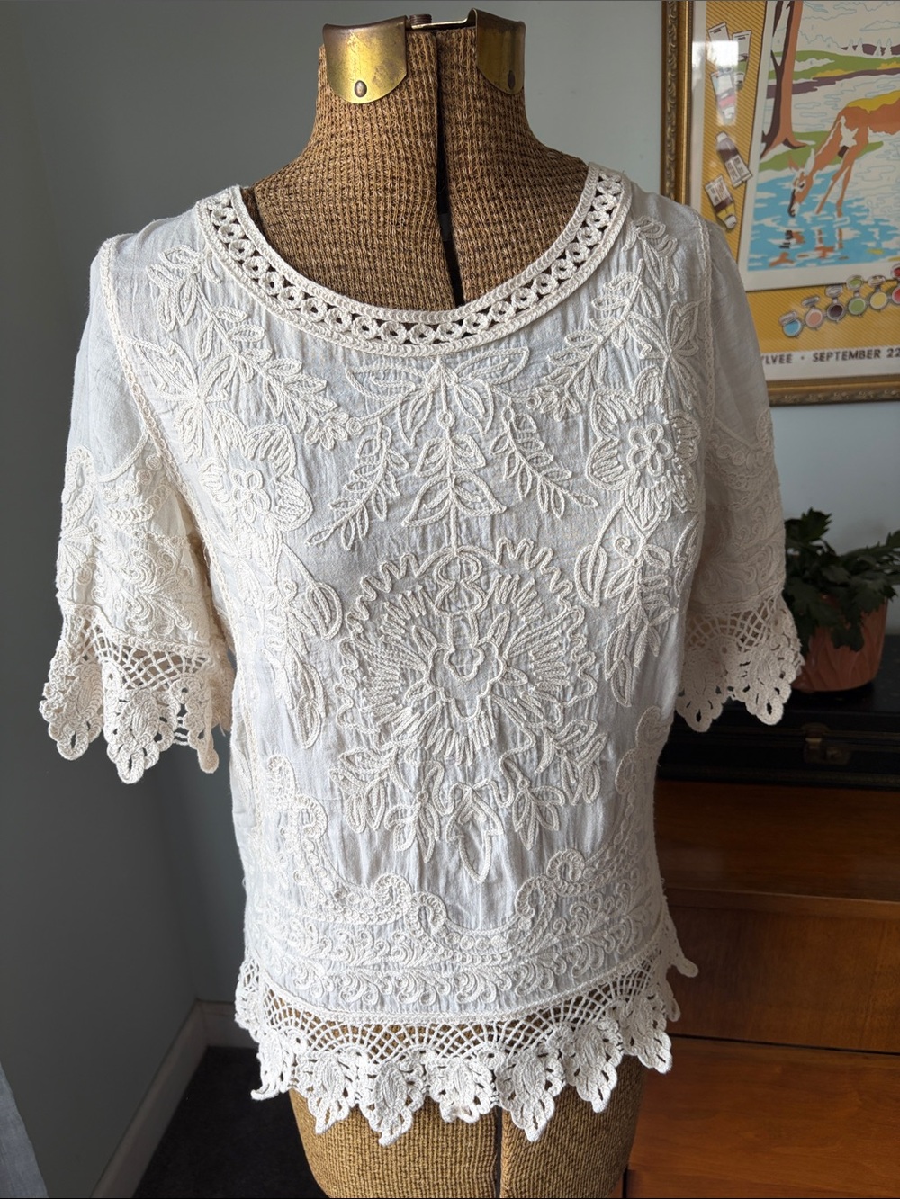 Vintage Boho Festival Ivory Embroidered Crochet-Trim Blouse